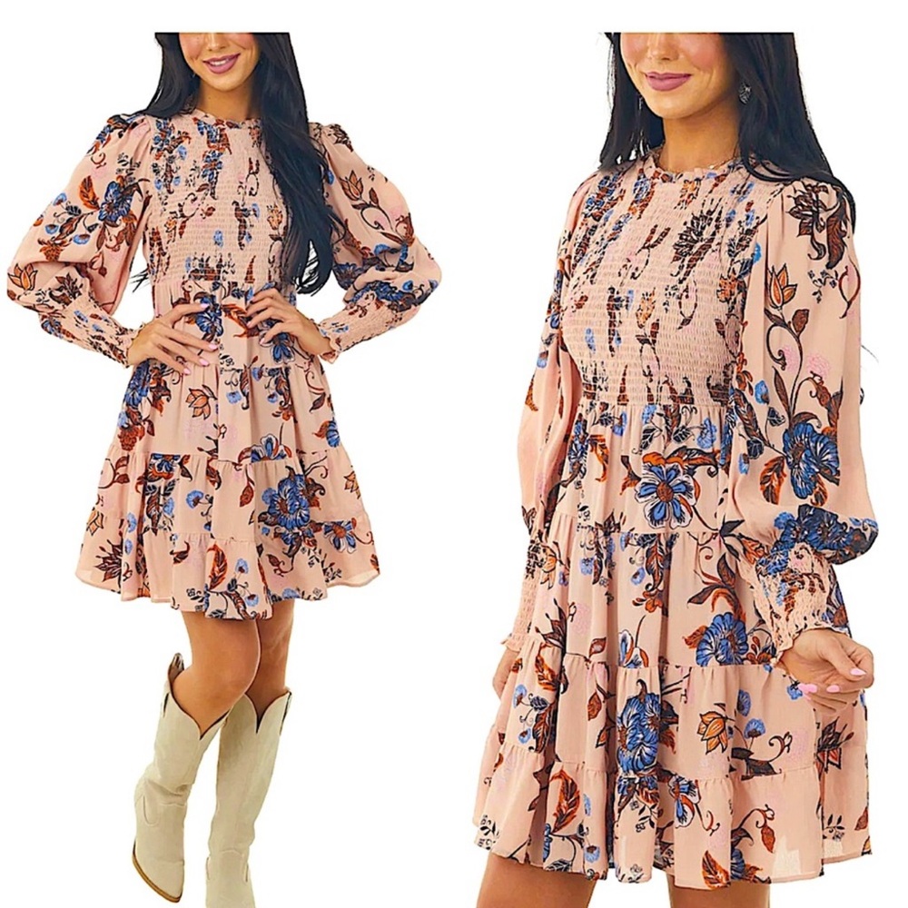 Angie Peach and Blue Floral Long Sleeve Dress